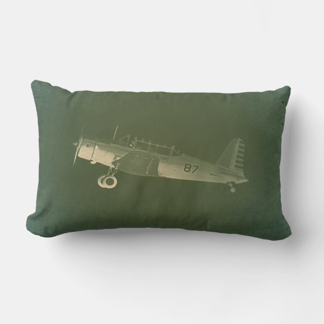 Vintage Airplane #87 Green Cotton Lumbar Pillow (Front)