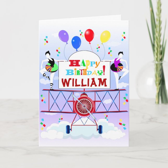 Vintage Airplane Acrobats Balloons Birthdays Card (Front)
