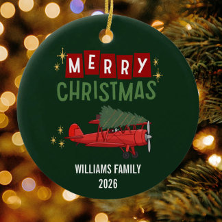 Vintage Airplane and Christmas Tree Photo Funny Ceramic Ornament