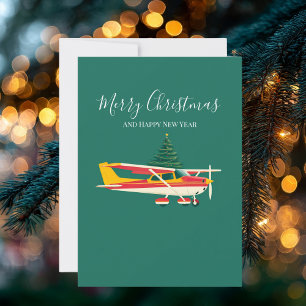 Vintage Airplane and Christmas Tree Photo Funny Holiday Card