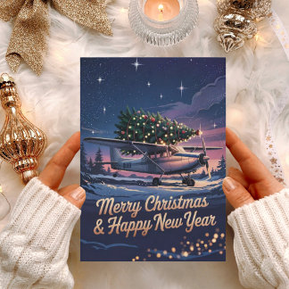Vintage Airplane and Christmas Tree Photo Funny Holiday Card