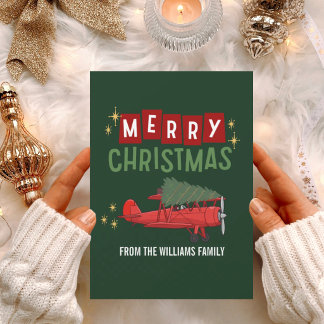 Vintage Airplane and Christmas Tree Photo Funny Holiday Card