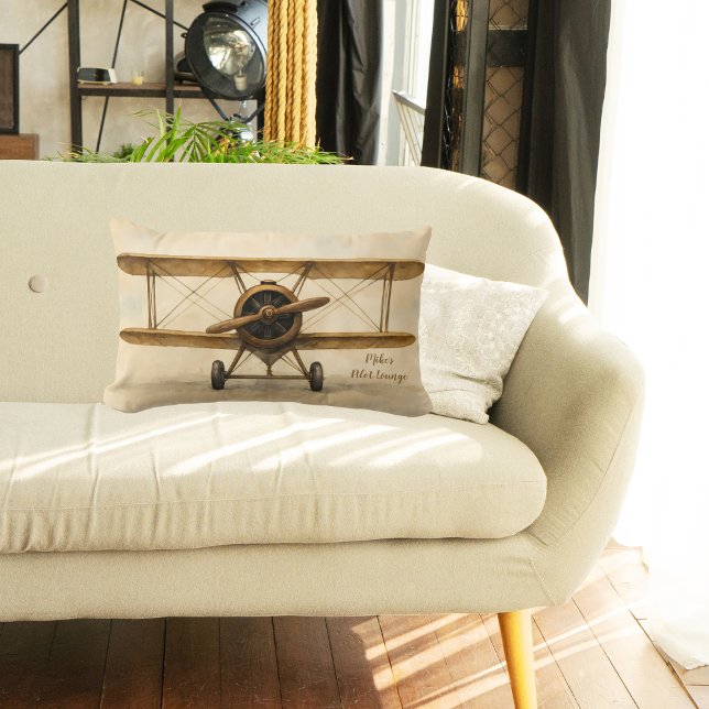Vintage Airplane Antique Biplane Aviation Birthday Lumbar Pillow (Creator Uploaded)