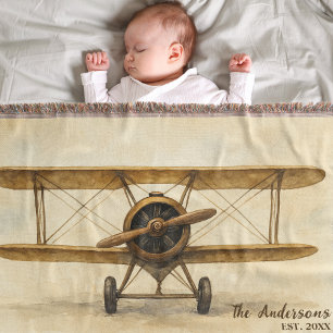 Vintage Airplane Antique Biplane Family Name Year Throw Blanket
