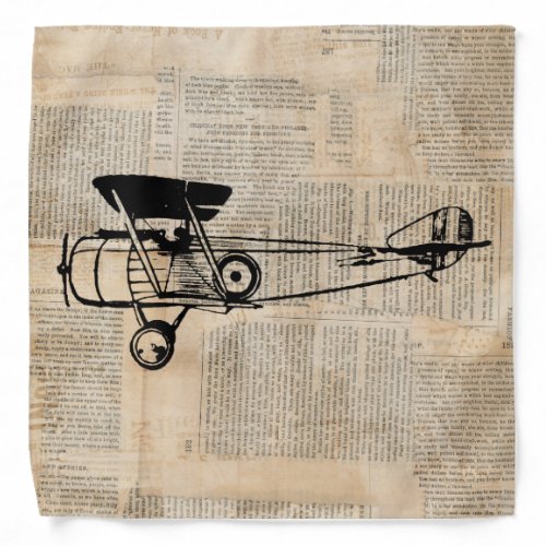 Vintage Airplane Antique Plane on Newspaper Text Bandana