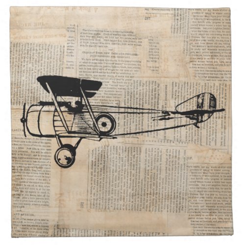 Vintage Airplane Antique Plane on Newspaper Text Cloth Napkin