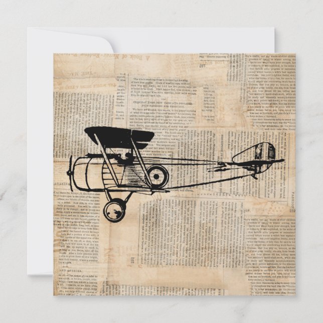 Vintage Airplane Antique Plane on Newspaper Text Invitation (Front)