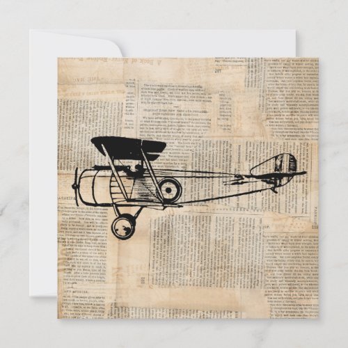 Vintage Airplane Antique Plane on Newspaper Text Invitation