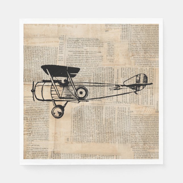Vintage Airplane Antique Plane on Newspaper Text Napkins (Front)