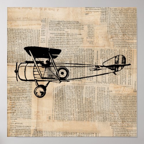 Vintage Airplane Antique Plane on Newspaper Text Poster