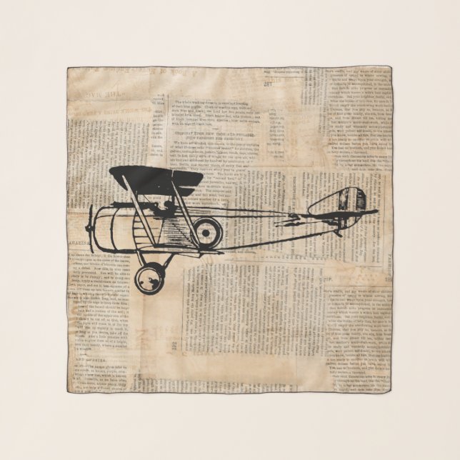 Vintage Airplane Antique Plane on Newspaper Text Scarf (Front)