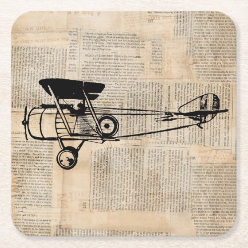 Vintage Airplane Antique Plane on Newspaper Text Square Paper Coaster