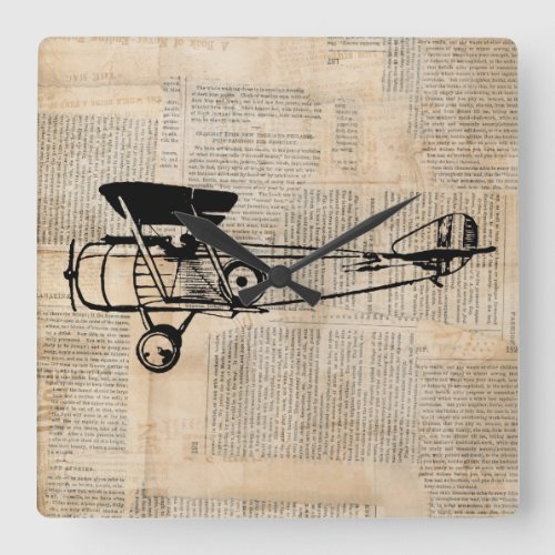 Vintage Airplane Antique Plane on Newspaper Text Square Wall Clock