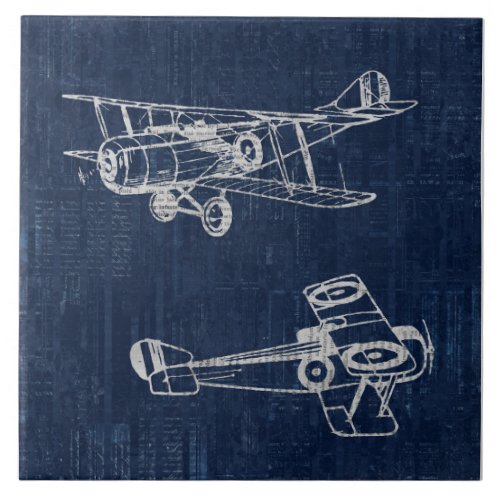 Vintage Airplane Art Newspaper Text  Script Style Ceramic Tile
