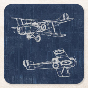 Vintage Airplane Art Newspaper Text & Script Style Square Paper Coaster