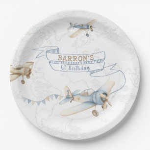 Vintage Airplane Aviator Pilot 1st Birthday Paper Plates