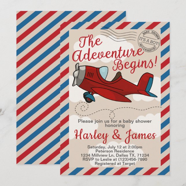 Vintage Airplane Baby Shower Invitation Invite (Front/Back)