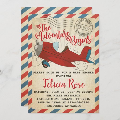 Vintage Airplane Baby Shower Invitation Invite
