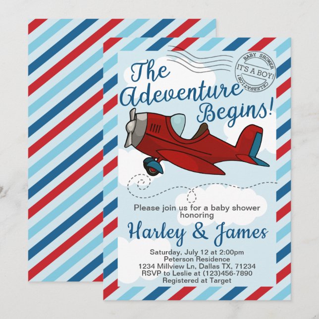 Vintage Airplane Baby Shower Invitation Invite (Front/Back)