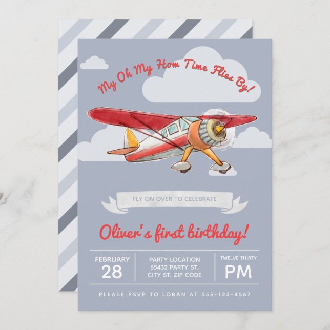 Vintage Airplane Birthday Invitation (Front/Back)