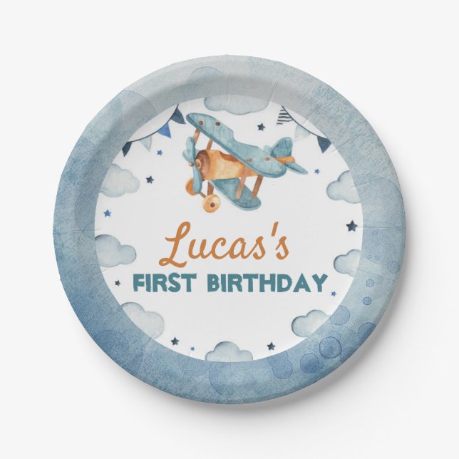 Vintage Airplane Birthday Papers Plate (Front)