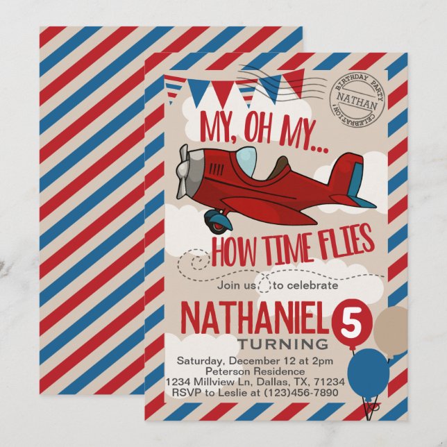 Vintage Airplane Birthday Party Invitation Invite (Front/Back)