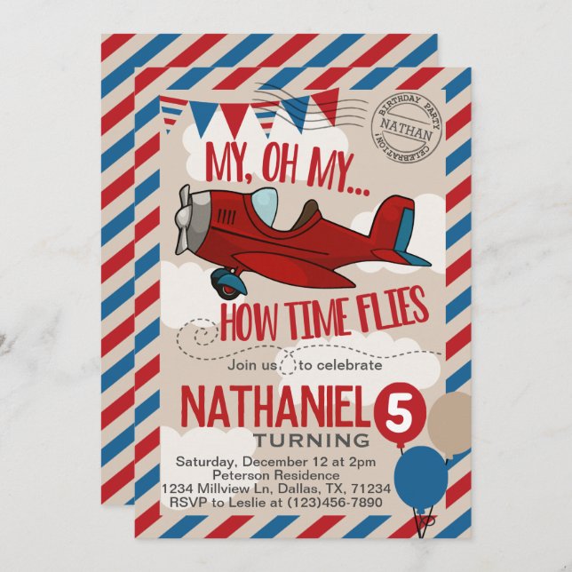 Vintage Airplane Birthday Party Invitation Invite (Front/Back)