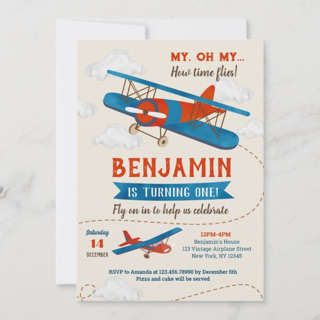 Vintage Airplane Birthday Party Invitations (Front)