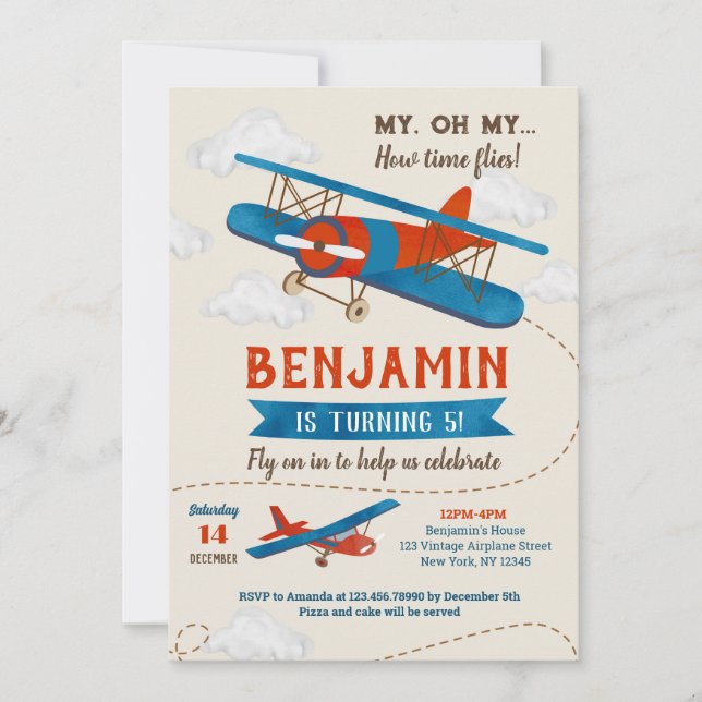 Vintage Airplane Birthday Party Invitations (Front)