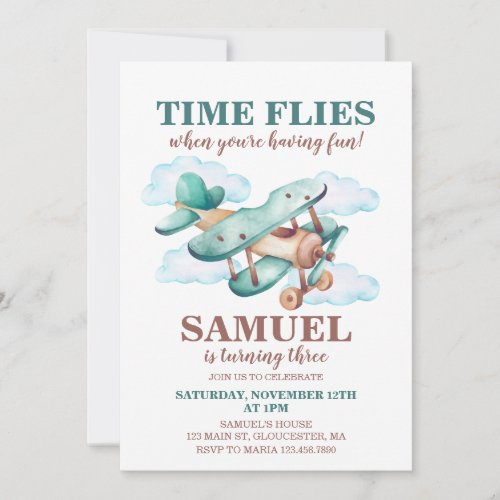 Vintage Airplane Birthday Party Time Flies Invitation