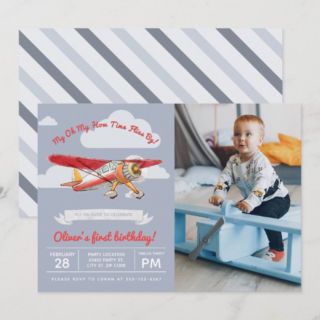 Vintage Airplane Birthday, Photo Invitation (Front/Back)