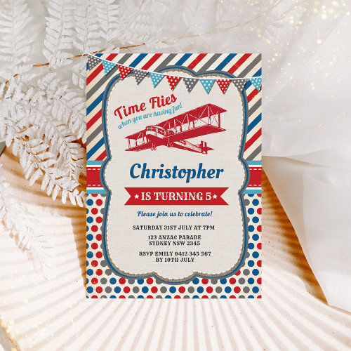 Vintage Airplane Birthday Pilot Adventure Invite