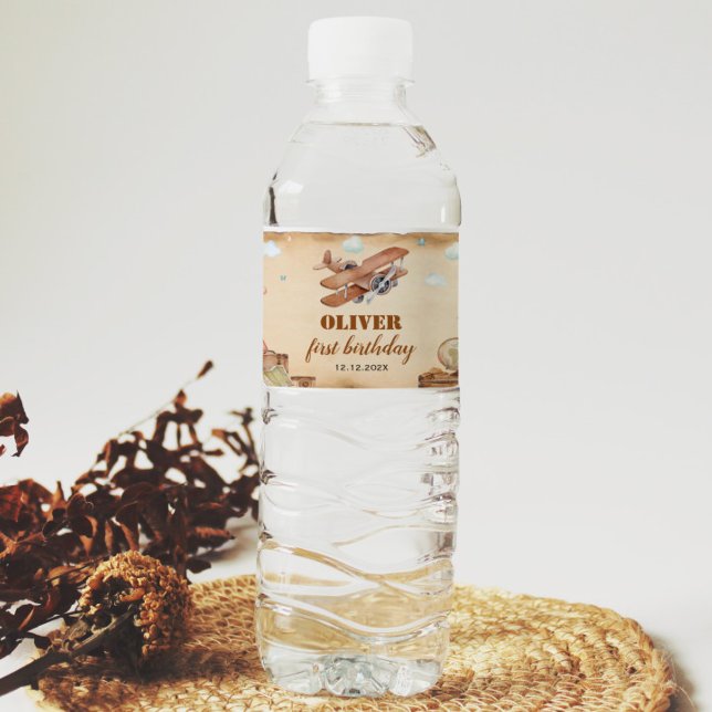 Vintage Airplane Birthday Water Bottle Label (Creator Uploaded)