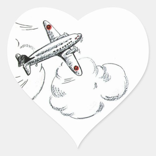 Vintage Airplane Black and White Drawing Heart Sticker