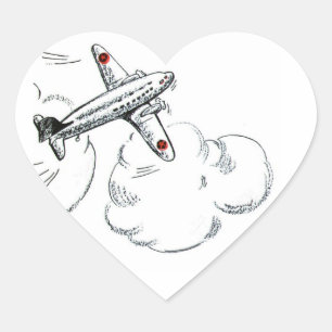 Vintage Airplane Black and White Drawing Heart Sticker