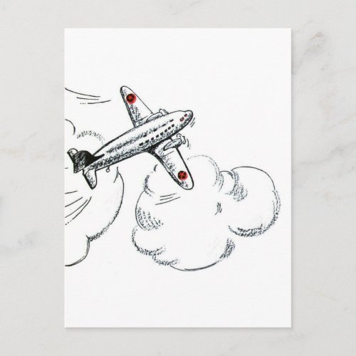 Vintage Airplane Black and White Drawing Postcard