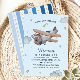Vintage Airplane Blue Sky First Birthday Invitation