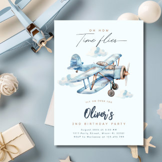 Vintage Airplane Blue Travel Boy Birthday Party Invitation