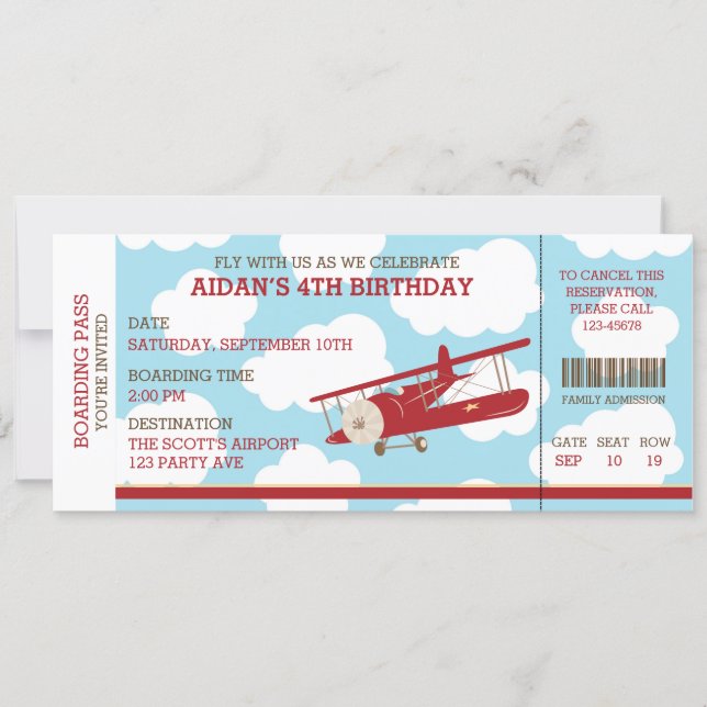 Vintage Airplane Boarding Pass Ticket Birthday Invitation (Front)