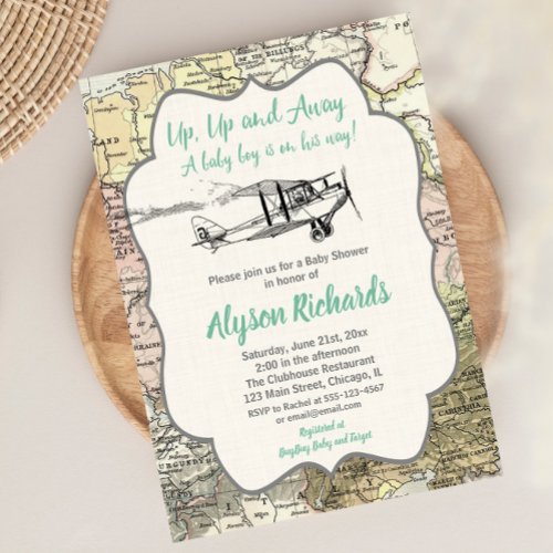 Vintage airplane boy baby shower travel map invitation