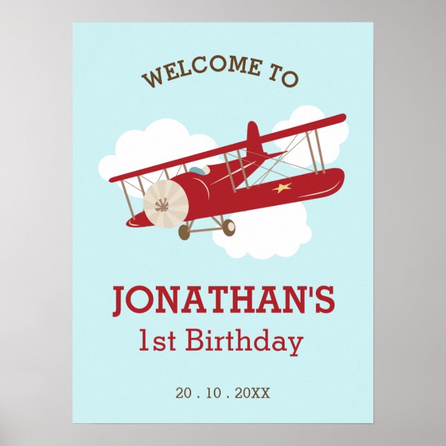 Vintage Airplane Boy Birthday Welcome Sign (Front)