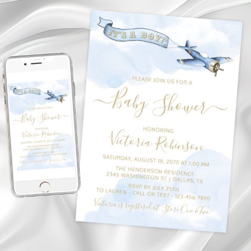 Vintage Airplane Boy Blue Gold Baby Shower Invitation