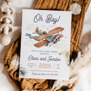 Vintage Airplane Boy Travel Baby Shower Invitation by PixelPerfectionParty at Zazzle
