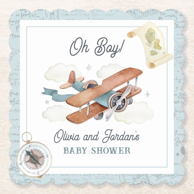 Vintage Airplane Boy Travel Baby Shower Paper Coaster (Front)