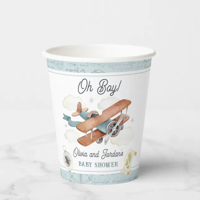 Vintage Airplane Boy Travel Baby Shower Paper Cups | Zazzle