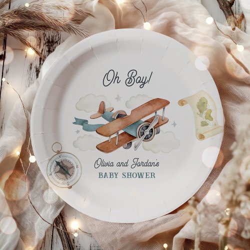 Vintage Airplane Boy Travel Baby Shower Paper Plates