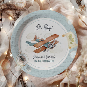 Vintage Airplane Boy Travel Baby Shower Paper Plates
