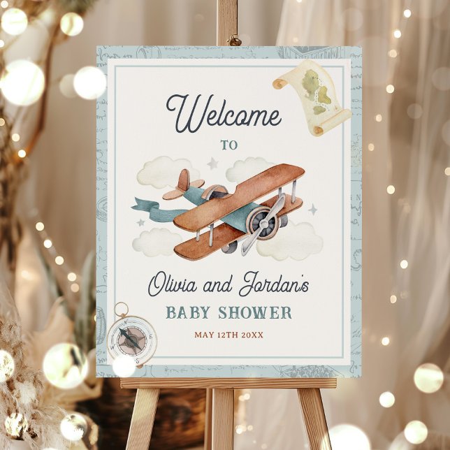 Vintage Airplane Boy Travel Baby Shower Welcome Poster (Creator Uploaded)