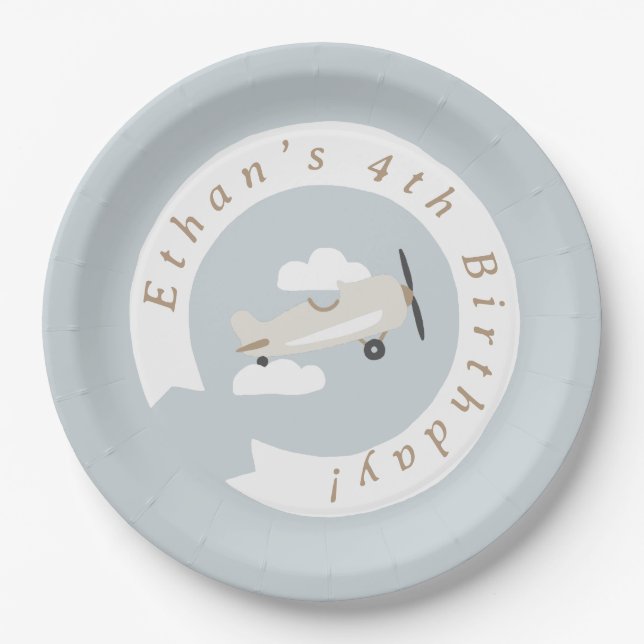 Vintage Airplane Boys Birthday Personalised Paper Plates (Front)