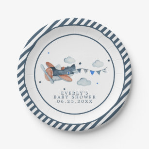 Vintage Airplane Clouds Baby Shower Paper Plate